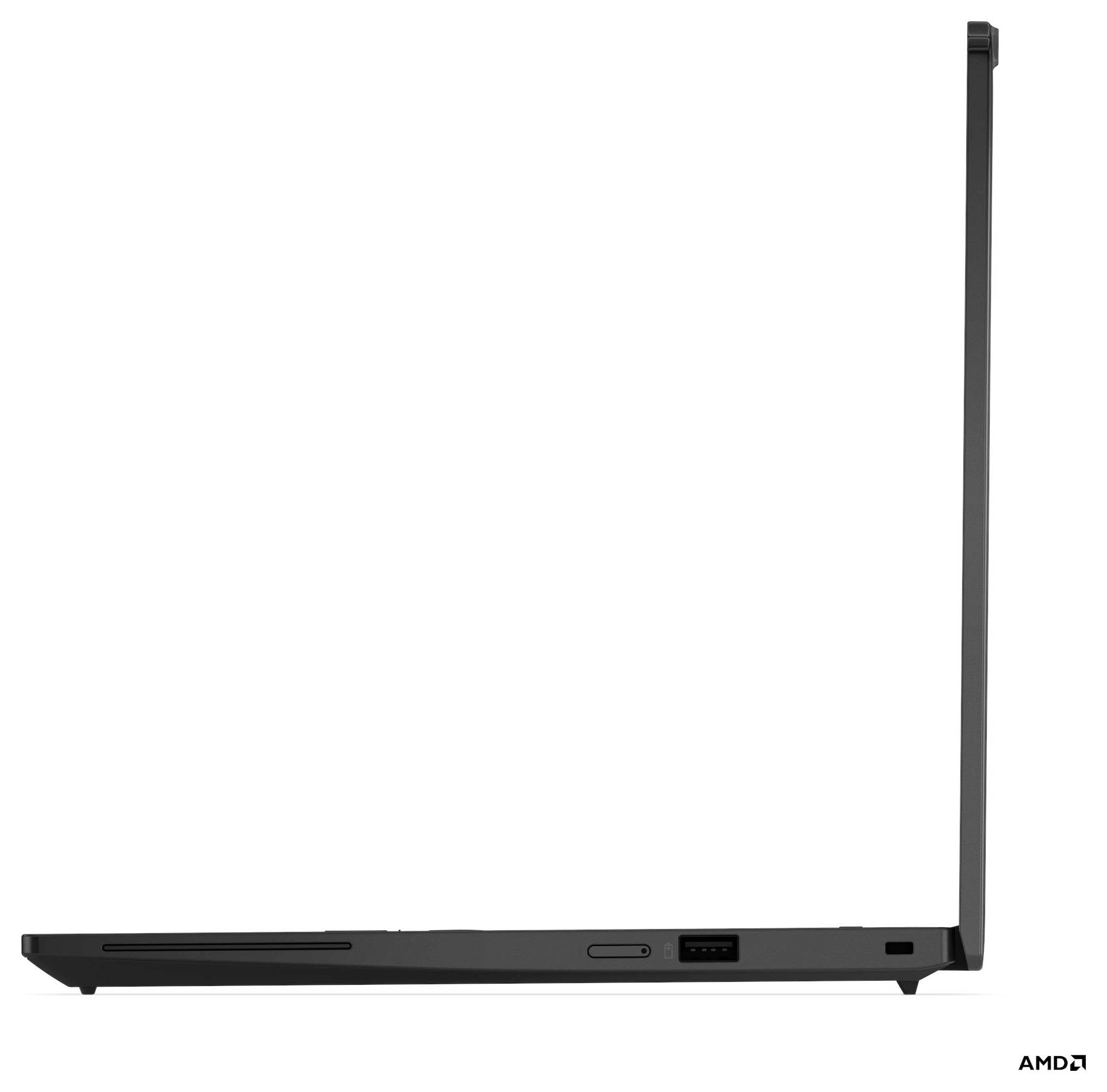 Vista laterale di un laptop aperto con un design sottile, che mostra le porte e un profilo esile.