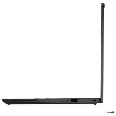 Vista laterale di un laptop aperto con un design sottile, che mostra le porte e un profilo esile.