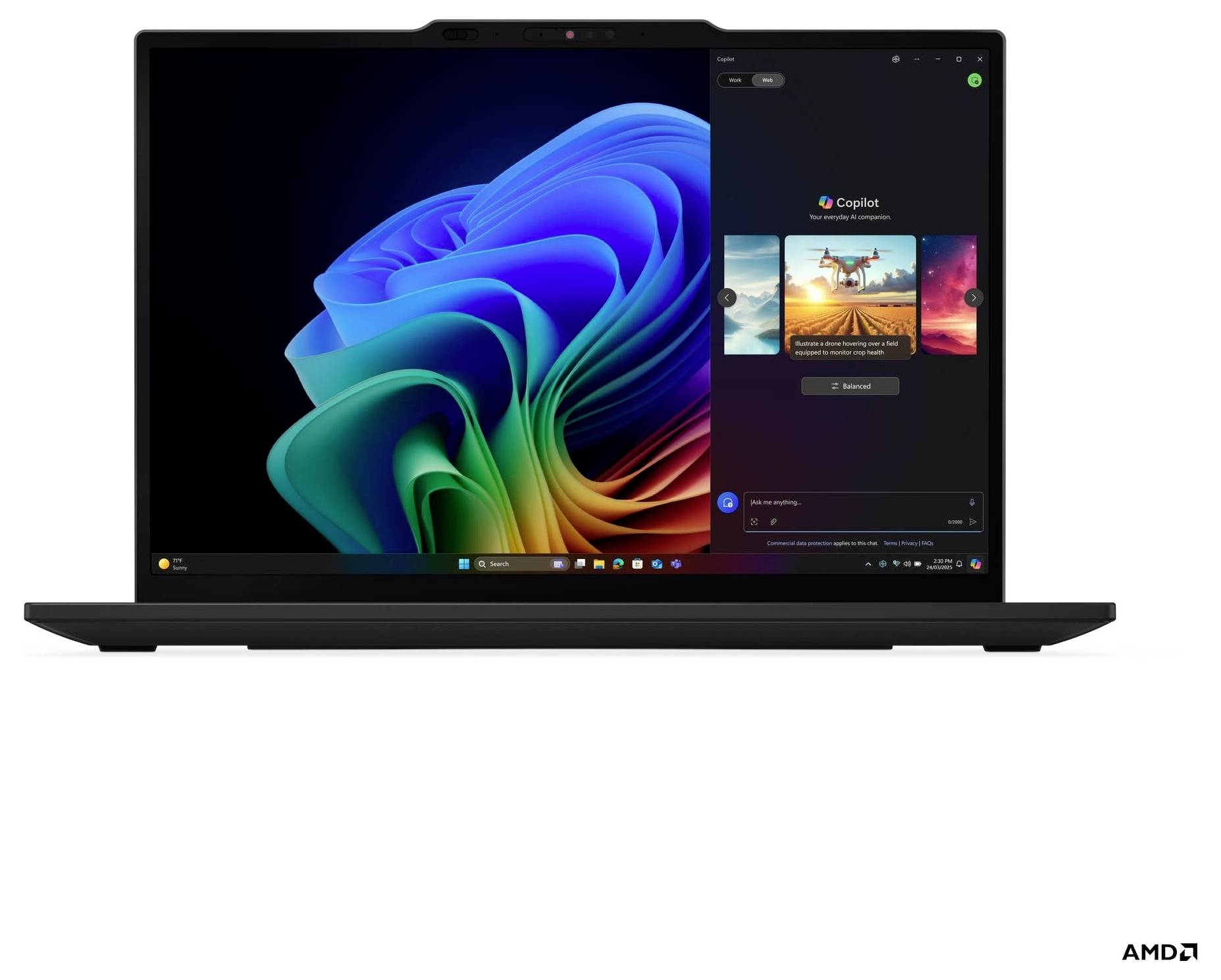 Un laptop che mostra un'interfaccia del sistema operativo vivace con un design a spirale colorata, con un'applicazione software aperta sul lato destro.