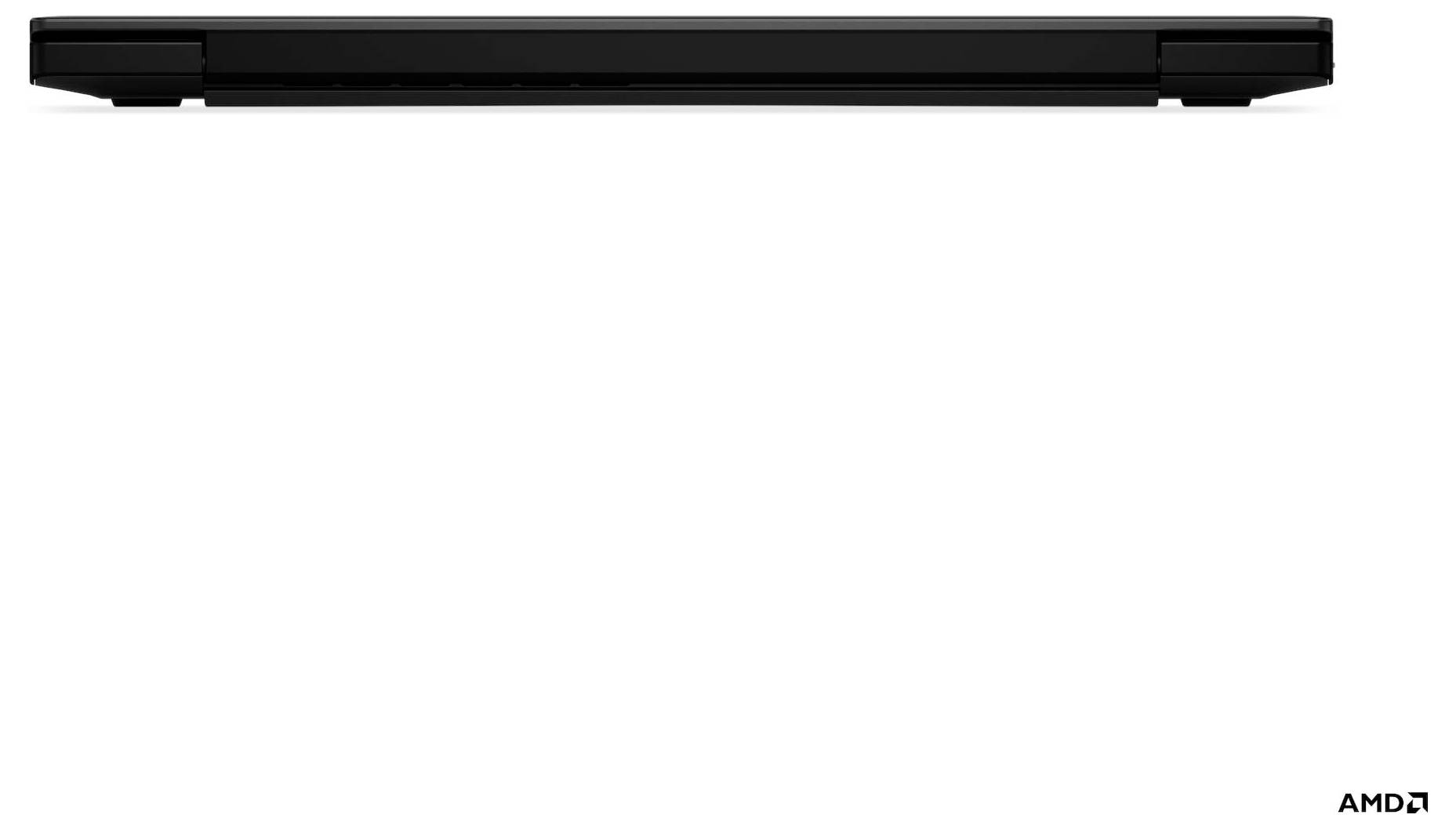 Un laptop nero chiuso visto di profilo con un design minimalista, che presenta il logo AMD nell'angolo in basso a destra.