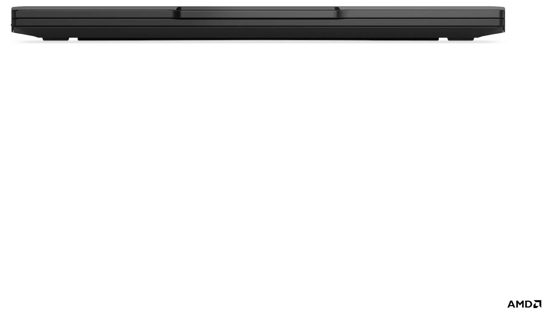 Un sottile laptop nero chiuso, visto di lato contro uno sfondo bianco. Il logo AMD appare nell'angolo in basso a destra.