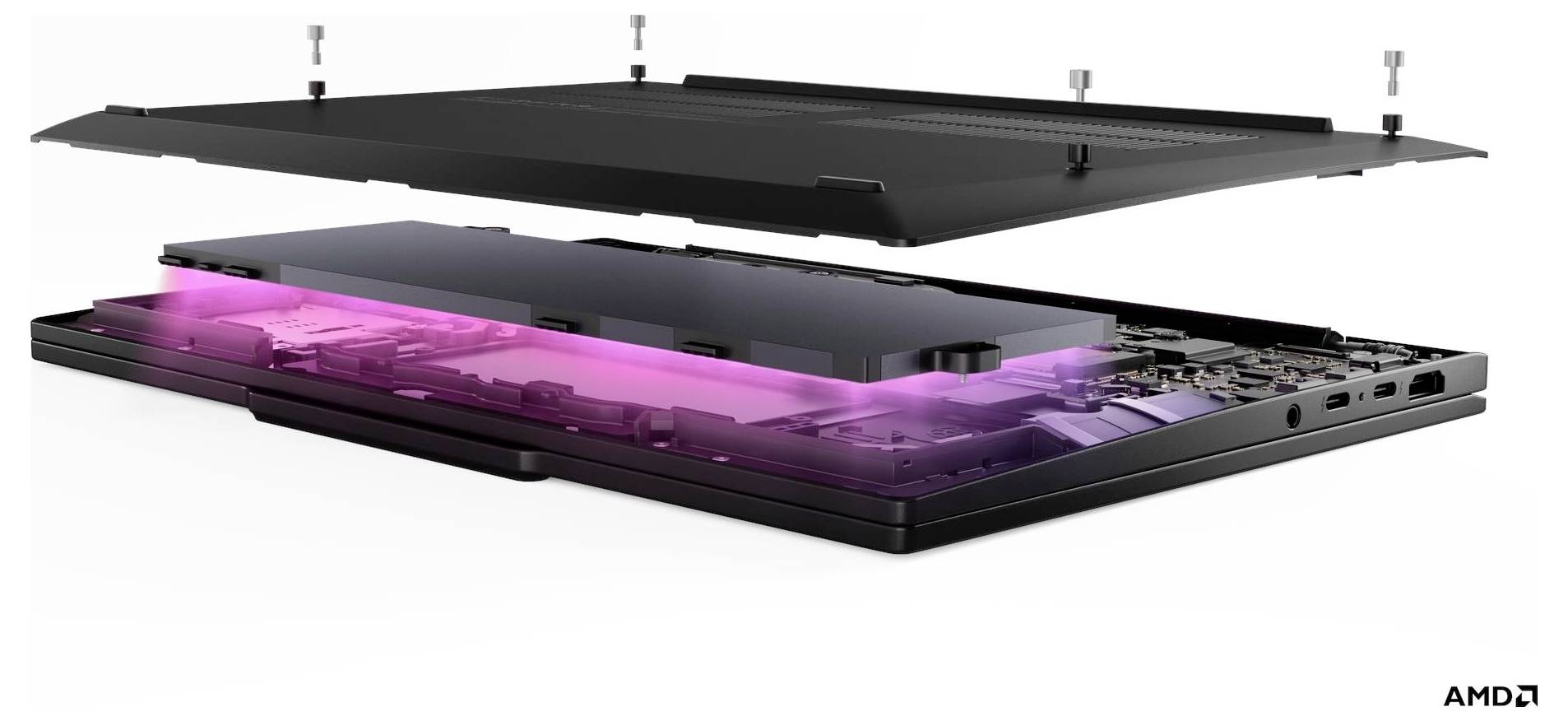 Vista esplosa di un laptop che mostra i componenti interni con una sezione evidenziata in rosa, che enfatizza il sistema di raffreddamento.