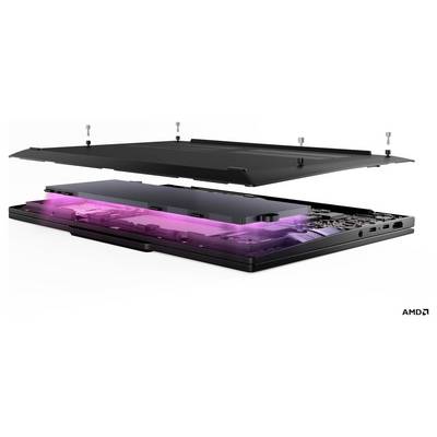 Vista esplosa di un laptop che mostra i componenti interni con una sezione evidenziata in rosa, che enfatizza il sistema di raffreddamento.