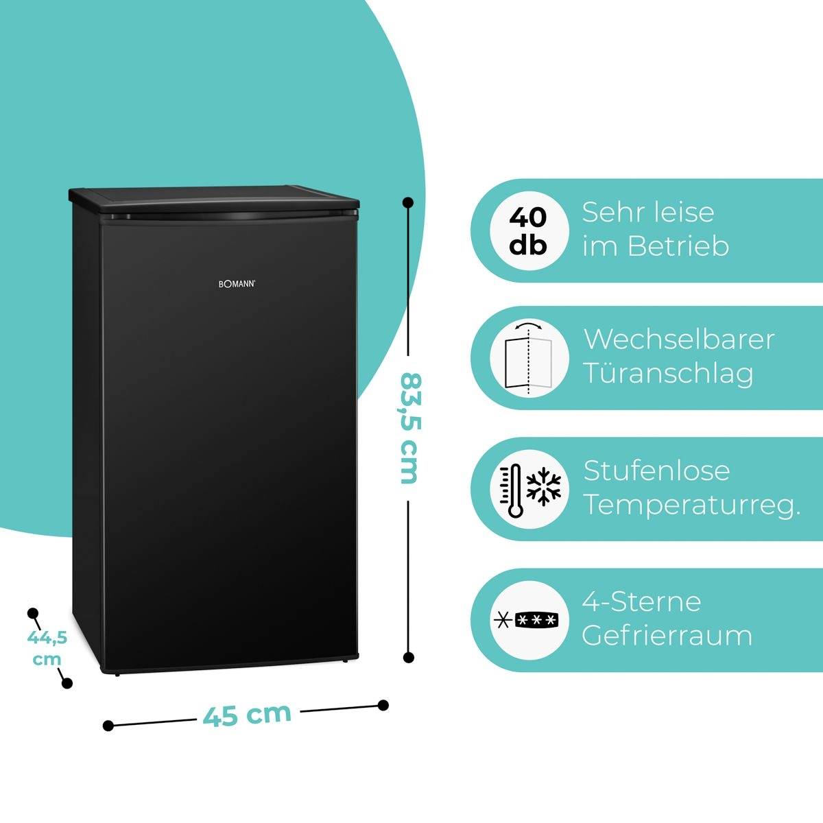 Un frigorifero nero e compatto con dimensioni di 83,5 cm di altezza, 45 cm di larghezza, 44,5 cm di profondità. Caratteristiche: funzionamento silenzioso a 40 dB, porta reversibile, temperatura regolabile, vano congelatore a 4 stelle.