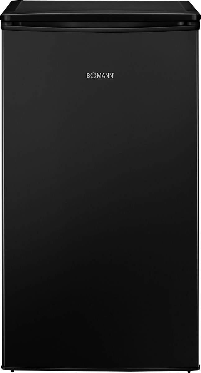 Un frigorifero nero Bomann dal design minimalista e finitura opaca liscia, posto su uno sfondo neutro.