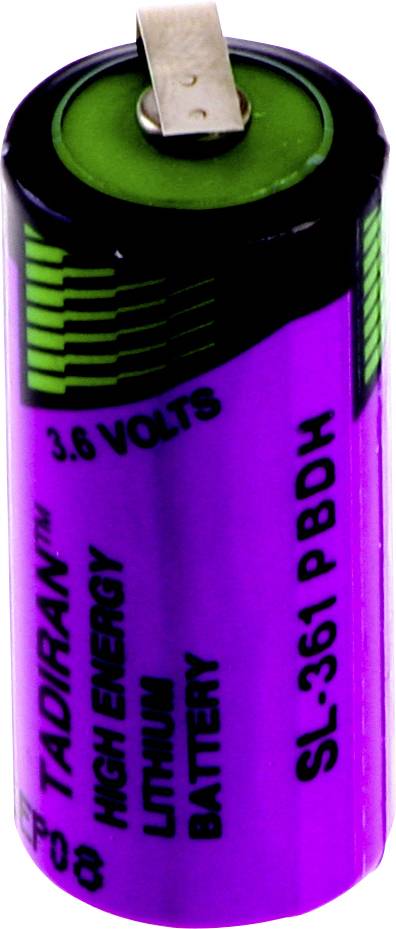 Una batteria al litio cilindrica viola e verde etichettata 'Tadiran High Energy 3,6 volt, SL-361 PBDH'.