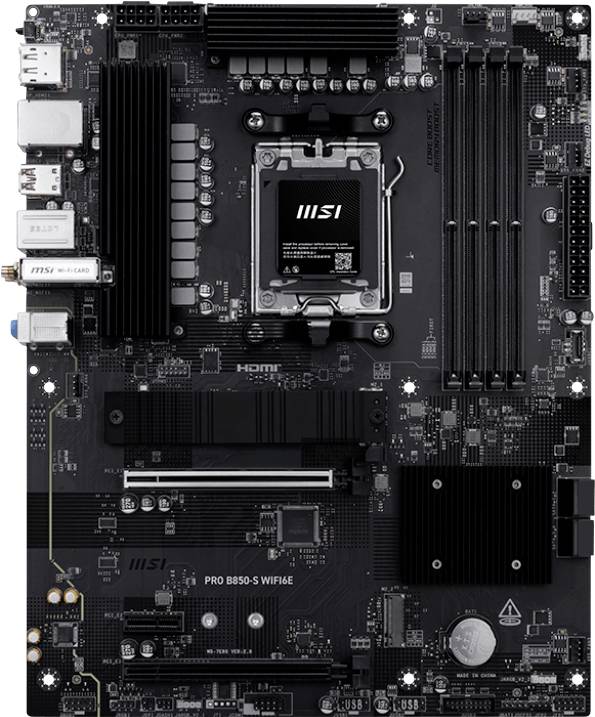 Scheda madre 'MSI PRO B650-S WiFi' con vari slot e connettori per componenti e periferiche.