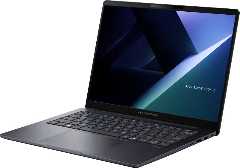 Un laptop elegante, grigio scuro con una cornice sottile e uno schermo nitido che mostra uno sfondo astratto geometrico, marchiato 'ASUS ExpertBook.'
