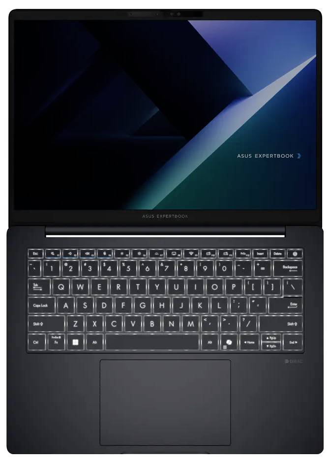 Un laptop che mostra uno schermo con tema scuro con un design geometrico e il testo 'ASUS ExpertBook'. La tastiera è retroilluminata.