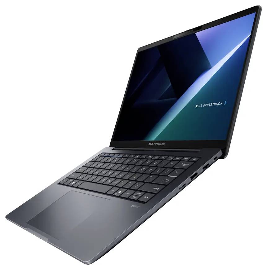 Un laptop sottile con un display aperto che mostra una schermata luminosa, con il testo 'ASUS EXPERTBOOK' sullo schermo. La tastiera e le porte sono visibili.