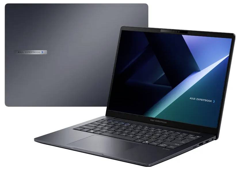 Apri il laptop ASUS ExpertBook mostrato con un design elegante, finitura scura e uno schermo moderno che visualizza un pattern geometrico.