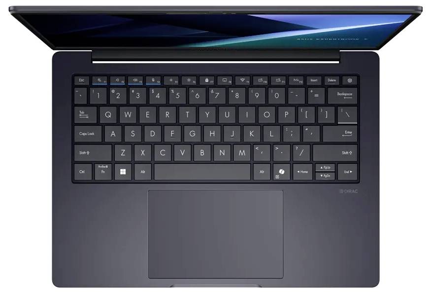 Un laptop con una tastiera nera e uno schermo leggermente aperto che mostra un gradiente blu.
