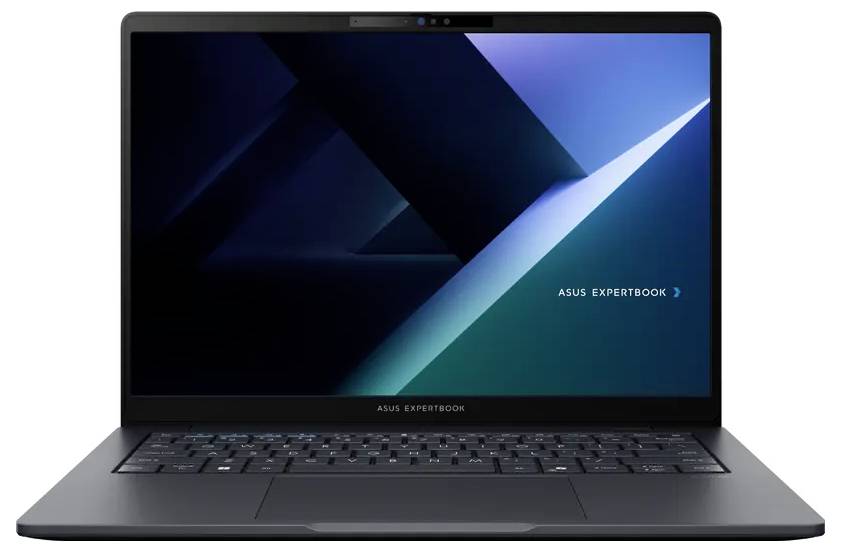 Un elegante portatile aperto che mostra il logo 'ASUS ExpertBook' sullo schermo, con un design minimale scuro e forme geometriche.