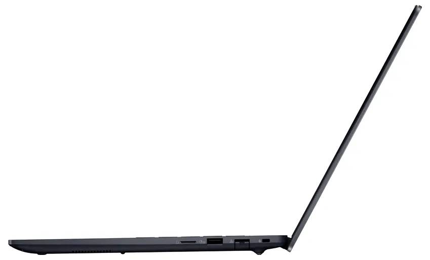 Un laptop elegante e sottile, parzialmente aperto, visto di lato, che illustra il suo design leggero e snello, adatto all'uso portatile.
