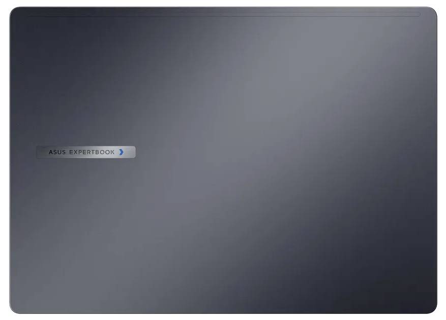 Laptop chiuso che mostra una finitura opaca e scura con un piccolo logo 'ASUS EXPERTBOOK' al centro-sinistra.