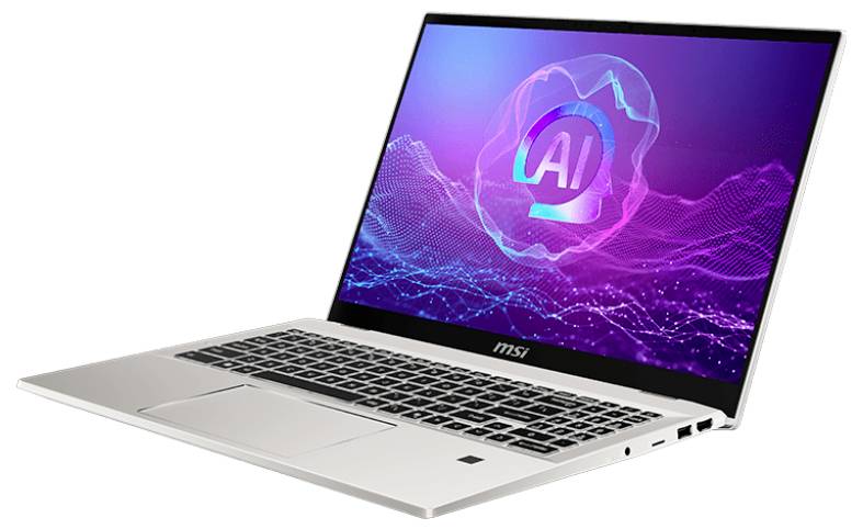 Un laptop argentato che mostra una grafica di intelligenza artificiale sullo schermo, con un logo stilizzato di 'AI' in mezzo a un design di onde digitali rosa e viola.