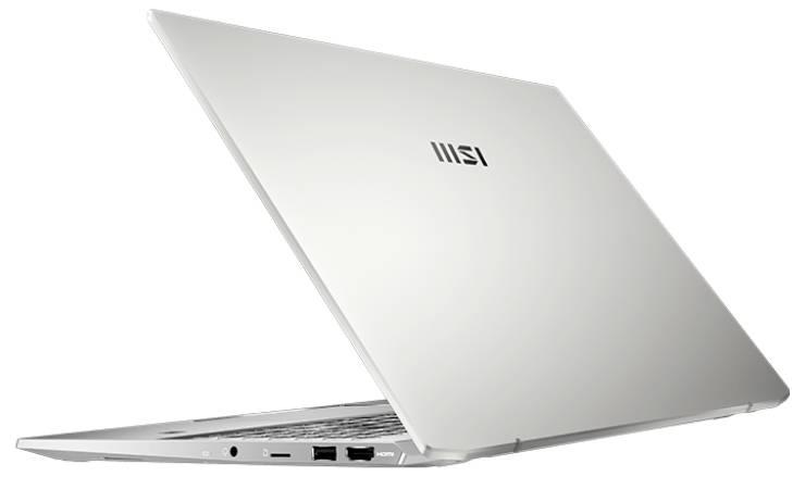 Un laptop argentato parzialmente aperto, che mostra le porte laterali.