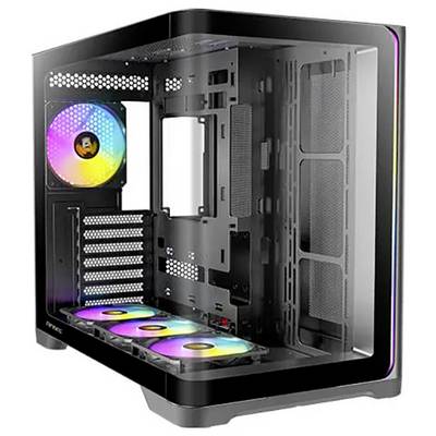Un case per PC da gaming vuoto con ventole RGB, pannello laterale trasparente e molteplici opzioni di montaggio. Ideale per build di computer personalizzate.