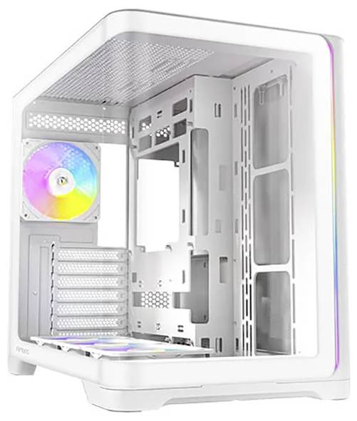 Un case per computer bianco con un pannello laterale trasparente, dotato di multiple slot, un ventilatore posteriore colorato e illuminazione RGB sul bordo anteriore.