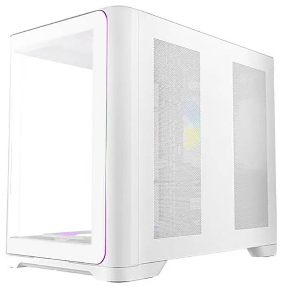 Un case per computer bianco con lati trasparenti che mostrano i componenti interni. Presenta illuminazione RGB lungo i bordi anteriori.