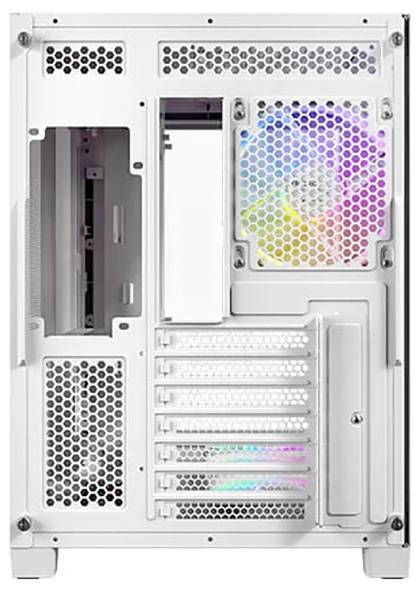 Una torre di computer bianca con griglie di ventilazione visibili e un ventilatore RGB sul retro, posizionata su uno sfondo neutro.
