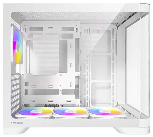 Un case per computer bianco con tre ventole LED colorate nella parte inferiore e una ventola sul lato posteriore, che mostra un design interno spazioso.