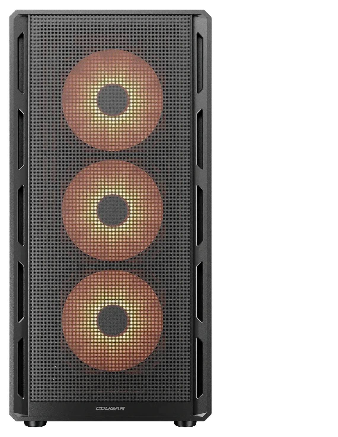 Un case per torre di computer con tre ventole anteriori illuminate di colore arancione, visibili attraverso una griglia in rete.