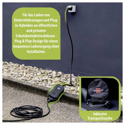 Scatola di ricarica mobile per auto elettriche da una presa di corrente; il testo pubblicizza la ricarica "Plug & Play" senza installazione, inclusa borsa di trasporto.