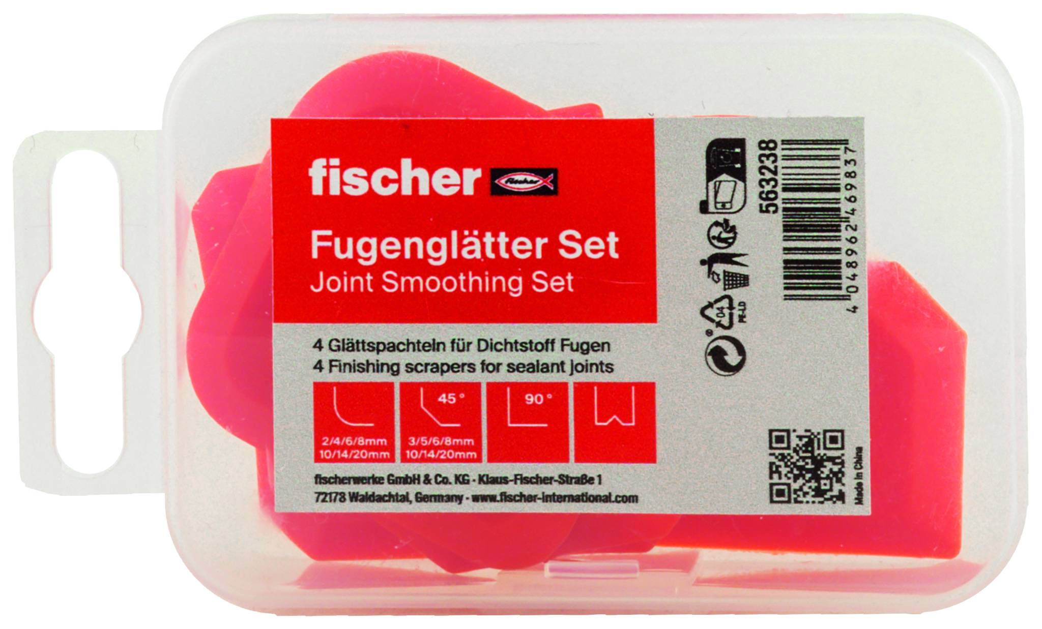 Un set di levigatura articolazione Fischer in una custodia in plastica trasparente, con attrezzi di levigatura rossi e un'etichetta che mostra il nome del prodotto e le istruzioni d'uso per giunti di sigillante.