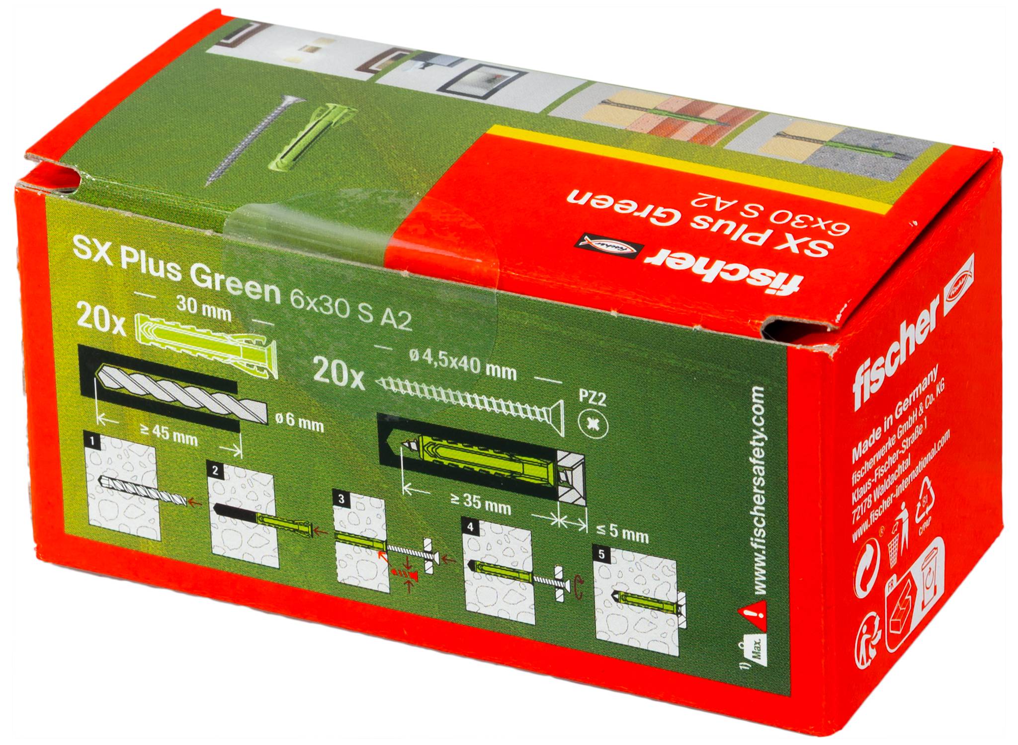 Scatola di tasselli Fischer SX Plus Green per muri, misura 6x30 S A2, che mostra le quantità e le istruzioni di installazione sulla confezione.
