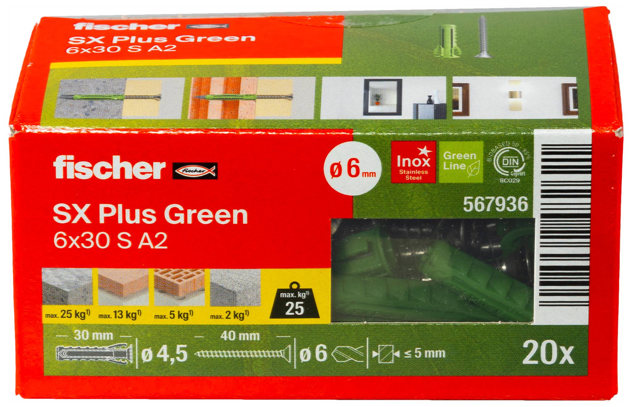 Scatola di tasselli Fischer SX Plus Green per parete, 6x30 S A2, confezione da 20 pezzi, con immagine del prodotto e specifiche tecniche su confezione rossa e verde.
