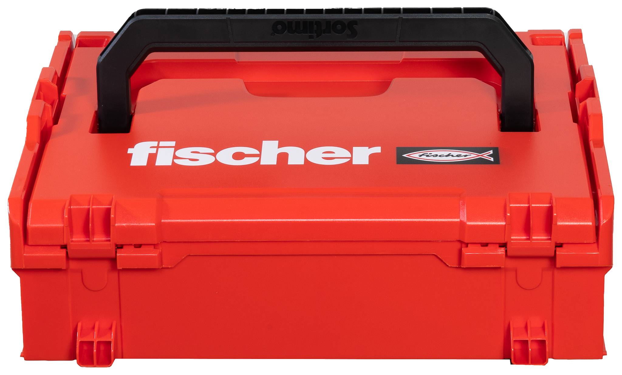 Cassetta degli attrezzi Red Fischer con manico nero su sfondo bianco.