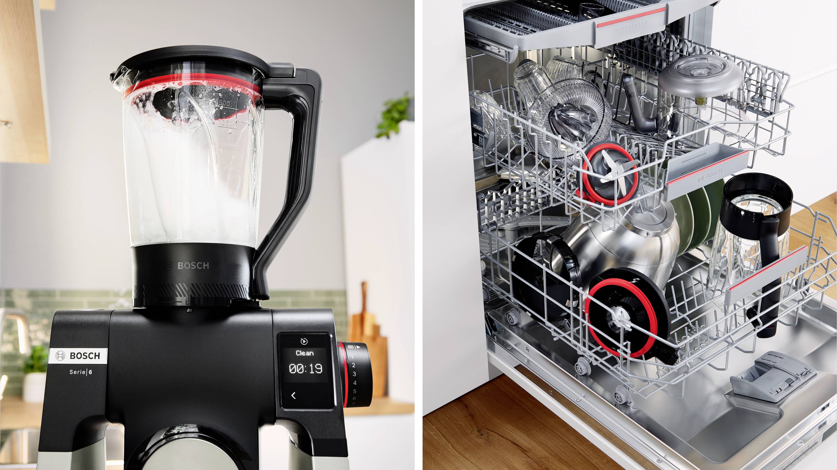 Due immagini: A sinistra un mixer Bosch che frulla gli ingredienti. A destra i componenti del mixer, contrassegnati da un cerchio rosso, vengono lavati in lavastoviglie.