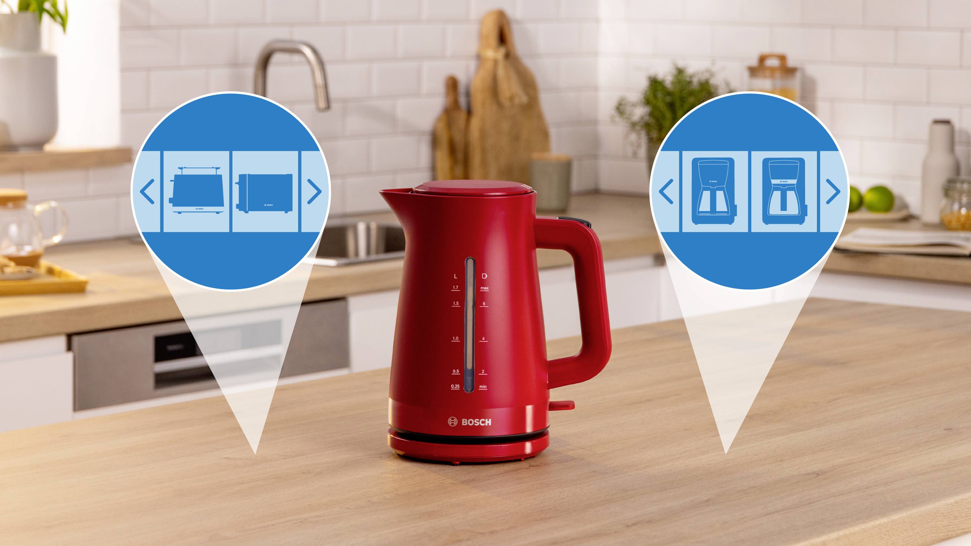 Un bollitore elettrico rosso su un piano da cucina con sovrapposizioni blu che mostrano le sue caratteristiche e opzioni di design.