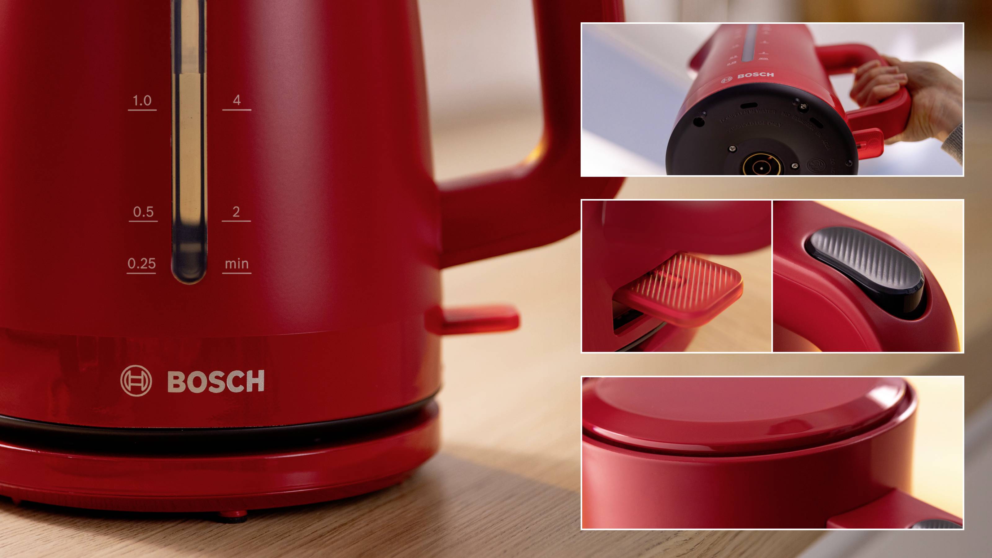 'Bollitore elettrico rosso Bosch con indicatori del livello dell'acqua. Primi piani che mostrano connessione alla base, interruttore di accensione e coperchio.'