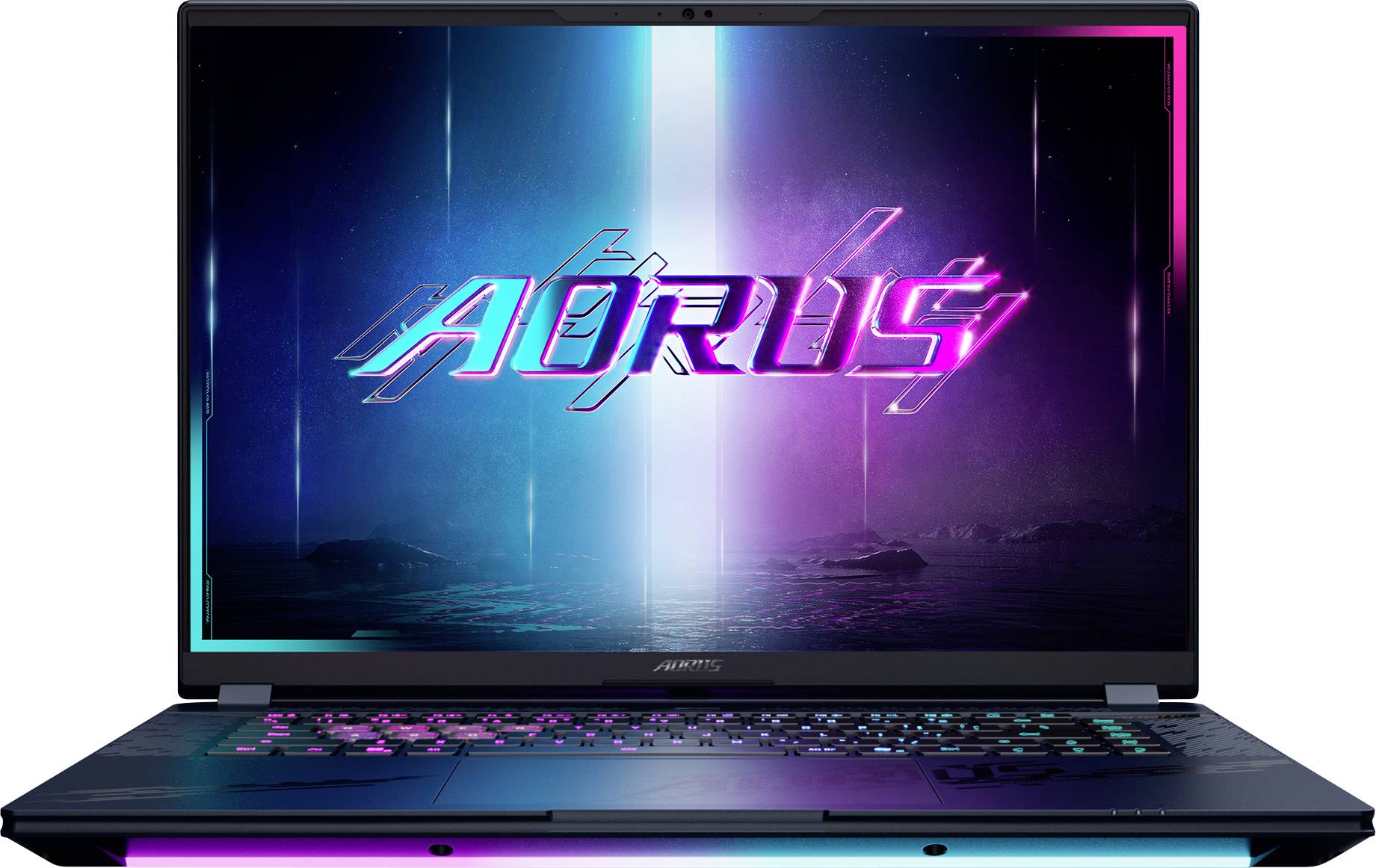 Un laptop elegante con uno schermo al neon che mostra la parola 'AORUS' su uno sfondo futuristico. La tastiera è illuminata da luci colorate.