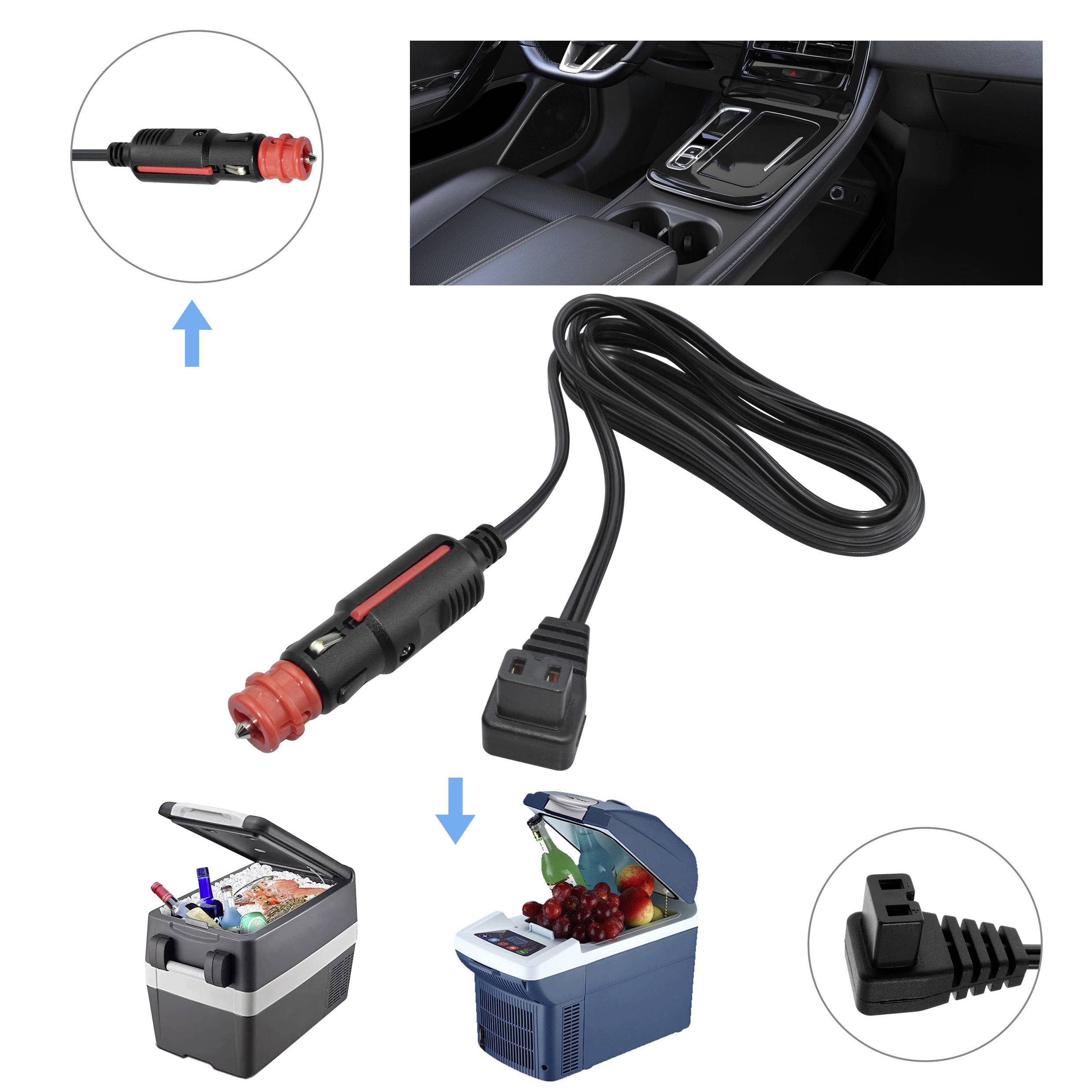 Adattatore per accendisigari dell'auto con punta rossa, mostrato all'interno di un'auto. Si collega a un frigorifero portatile. Illustrazione dell'utilizzo con oggetti all'interno dei frigoriferi.