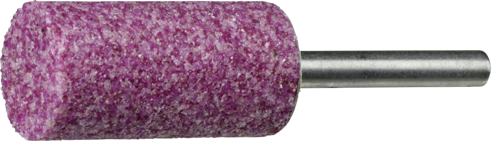 Una mola abrasiva cilindrica con superficie rosa e texture ruvida, dotata di un gambo metallico per l'attacco a un utensile rotante.