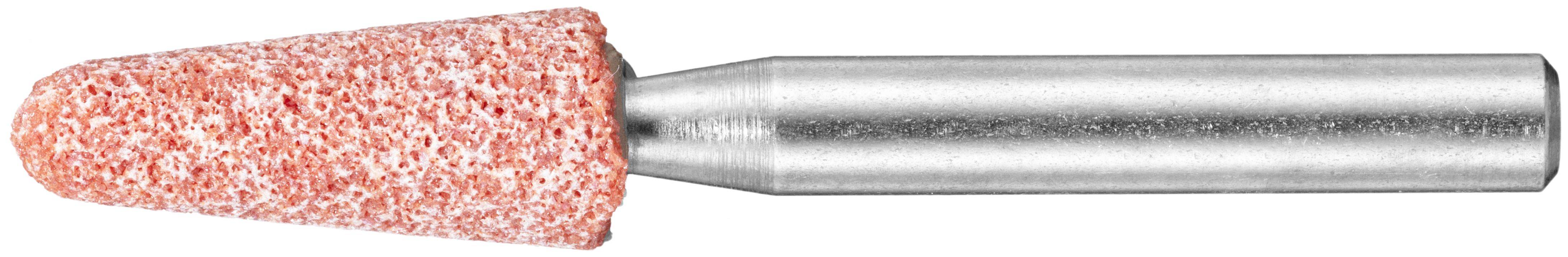 Una mola cilindrica con punta arrotondata, con superficie rossa testurizzata e base metallica.