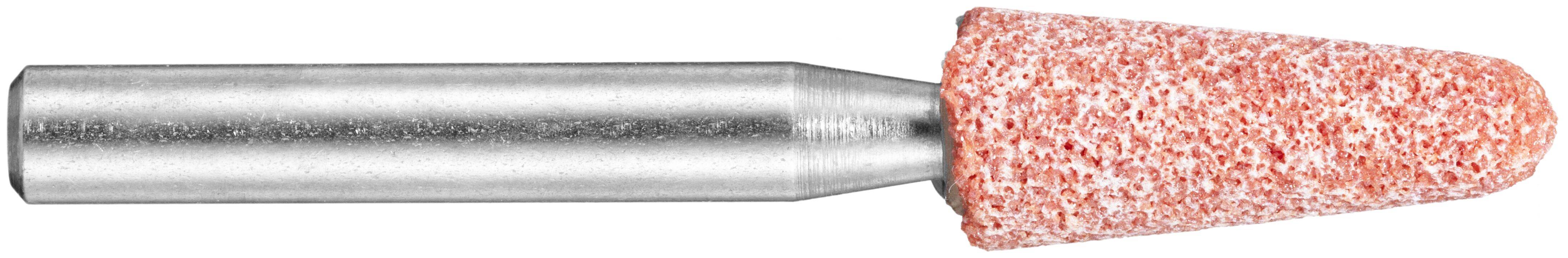 Uno strumento cilindrico metallico con una testa a forma di cono rossa e testurizzata, generalmente utilizzato per levigare o lucidare superfici.