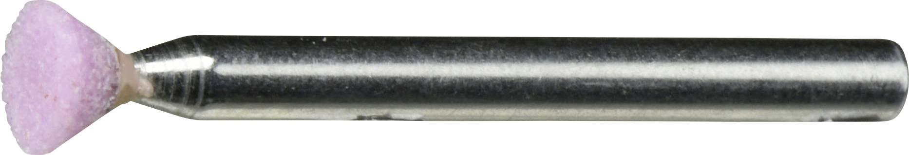 Un utensile per levigatura metallico con una punta abrasiva rosa a forma di cono, utilizzato per lucidare o levigare superfici.
