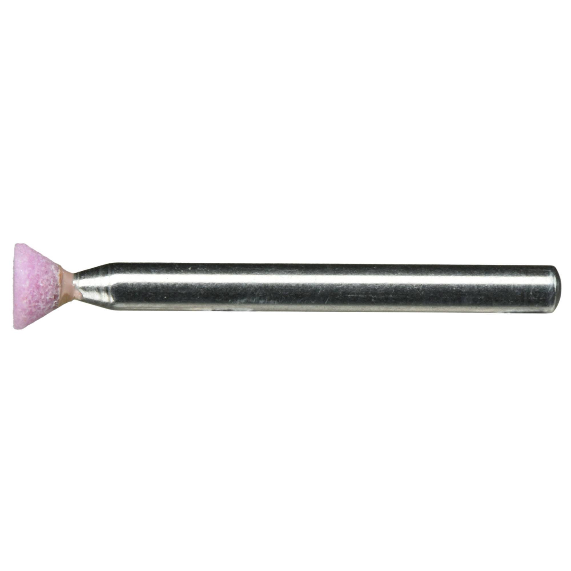 Un'asta cilindrica metallica con una punta abrasiva conica rosa, utilizzata per levigare e lisciare superfici in vari utensili o macchine.