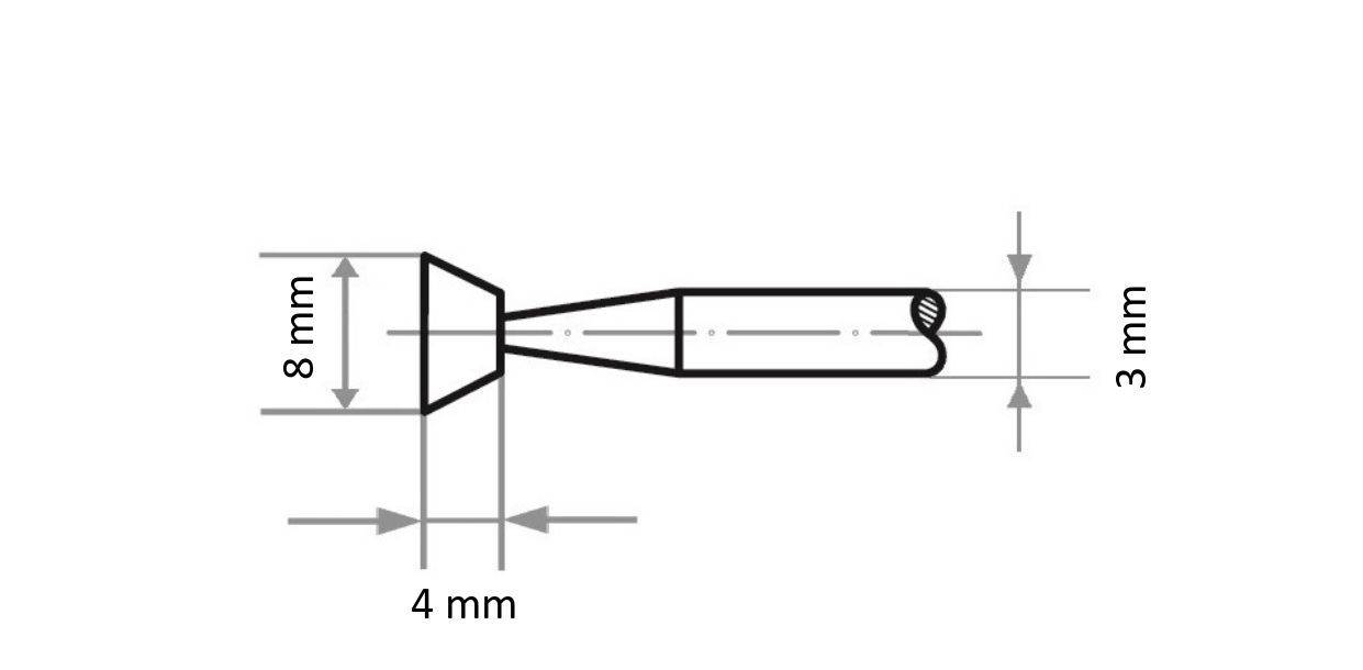 Disegno tecnico di un piccolo componente metallico con testa conica, del diametro di 8 mm e altezza di 4 mm, e un albero cilindrico di 3 mm di diametro.