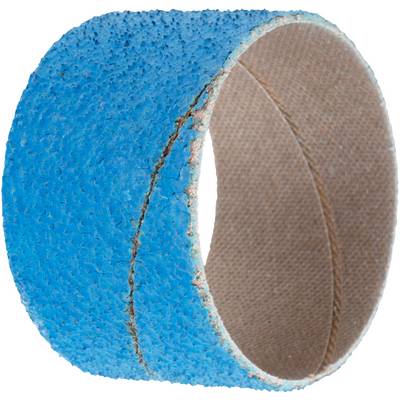 Un tamburo di levigatura blu con texture, a forma cilindrica e bordi consumati, utilizzato per sagomare e levigare superfici nel legno o nel metallo.