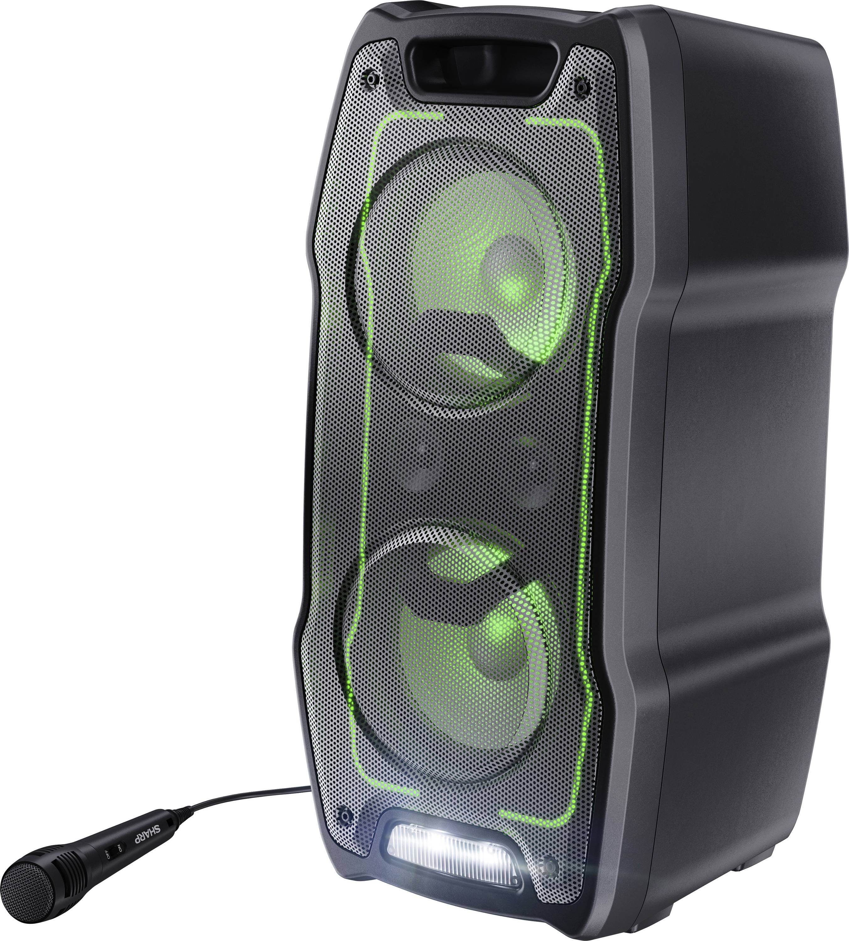 Un altoparlante portatile nero e grigio con due grandi woofer illuminati di verde, dotato di griglia a rete, accanto a un microfono cablato.