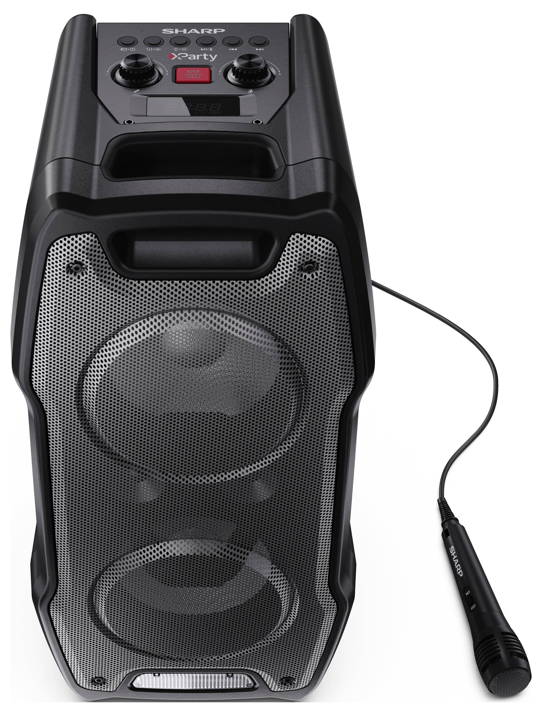 Altoparlante nero alto con doppi driver visibili, manopole del volume e microfono cablato, progettato per feste ed eventi.