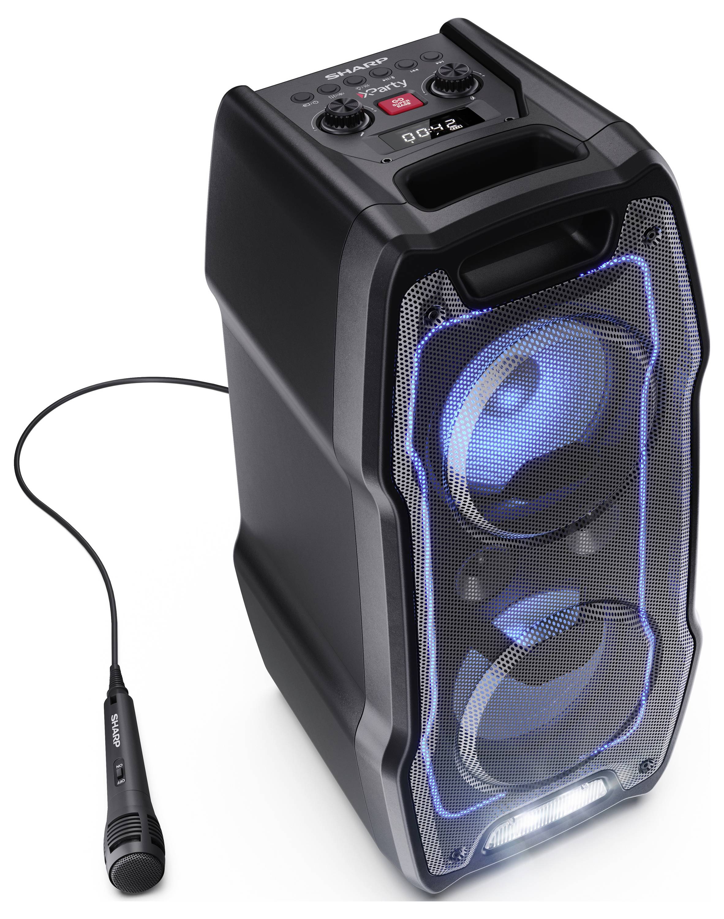 Un altoparlante portatile nero con due altoparlanti blu illuminati e un microfono integrato, che suggerisce un setup per karaoke o audio.