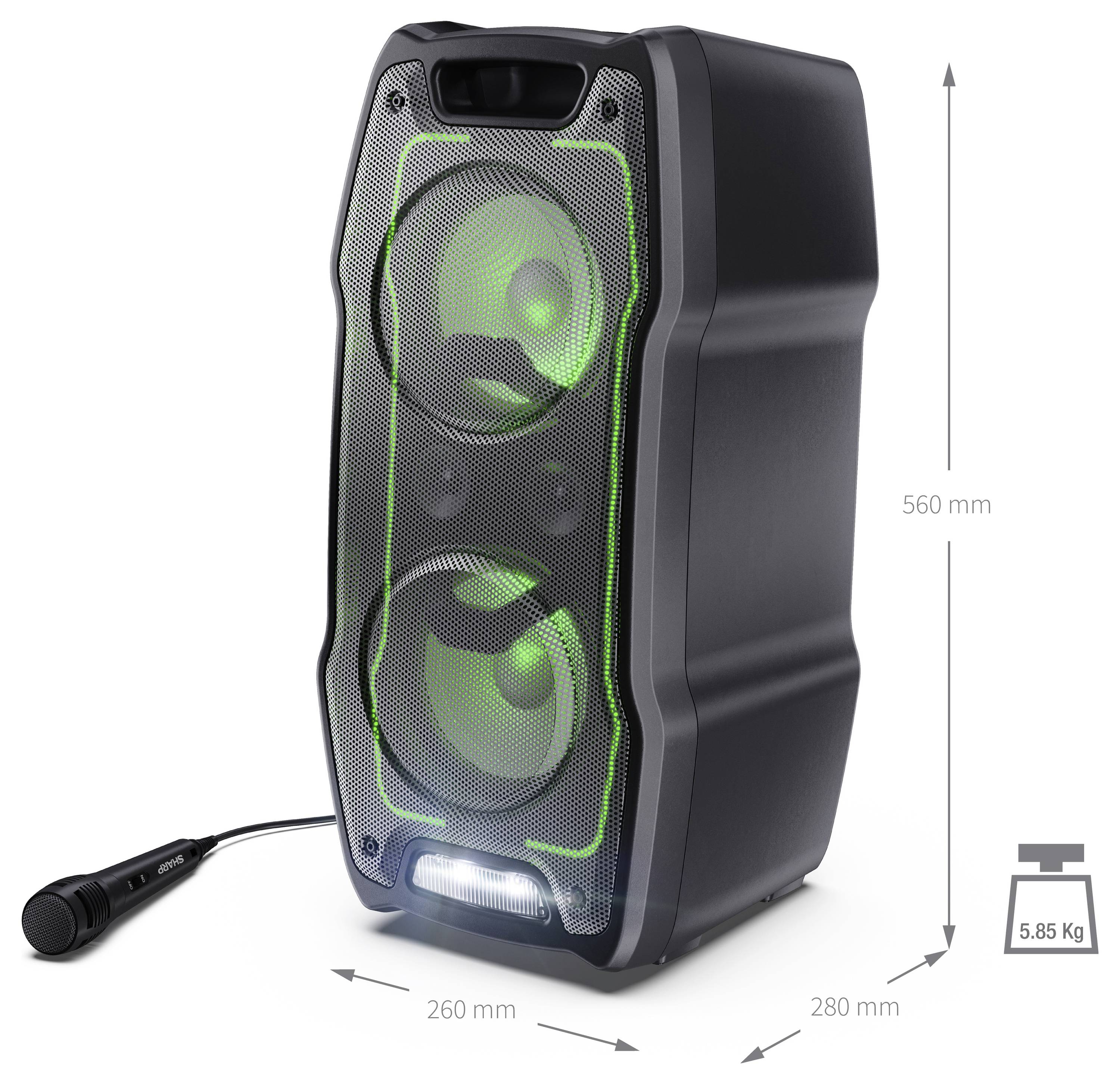 Un altoparlante portatile nero e verde con driver frontali doppi, con microfono cablato collegato. Dimensioni: 560 mm di altezza, 260 mm di larghezza, 280 mm di profondità, peso 5,85 kg.