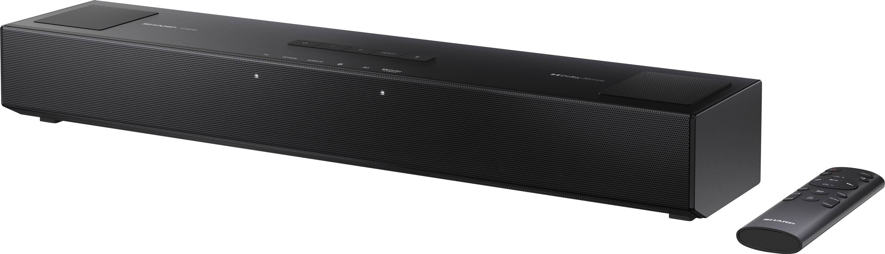 Una soundbar nera con etichetta 'Sony' accanto a un telecomando abbinato. La soundbar ha un design elegante con pulsanti sulla parte superiore.