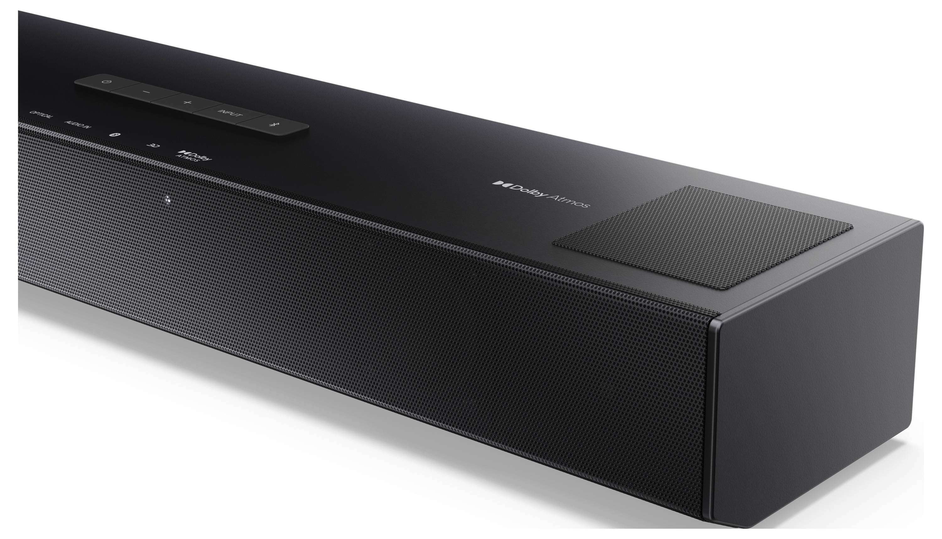 Una soundbar elegante e nera con pulsanti di controllo sulla parte superiore, caratterizzata da un design minimalista e aree altoparlanti ventilate, su uno sfondo bianco.